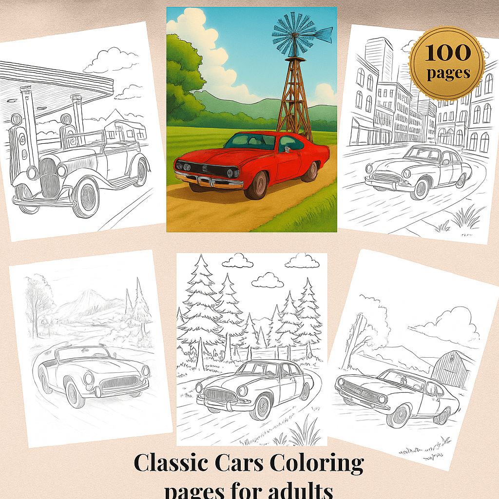 Classic Cars Coloring Pages for Adults: 100 Pages (PDF, JPG, PNG - Instant Download)