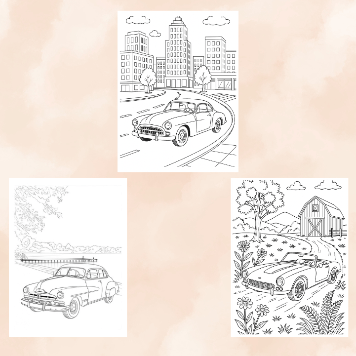 Classic Cars Coloring Pages for Adults: 100 Pages (PDF, JPG, PNG - Instant Download)