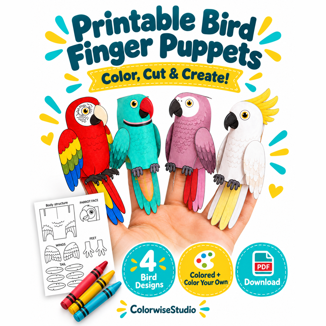 Four colored paper bird finger puppets with a color-your-own template preview