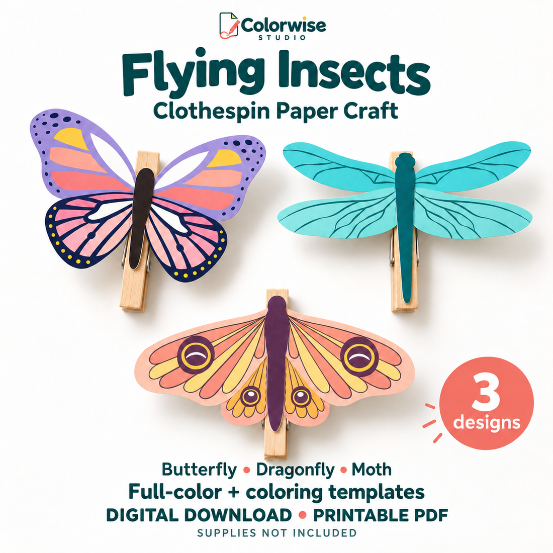 Butterfly, dragonfly and moth clothespin paper crafts