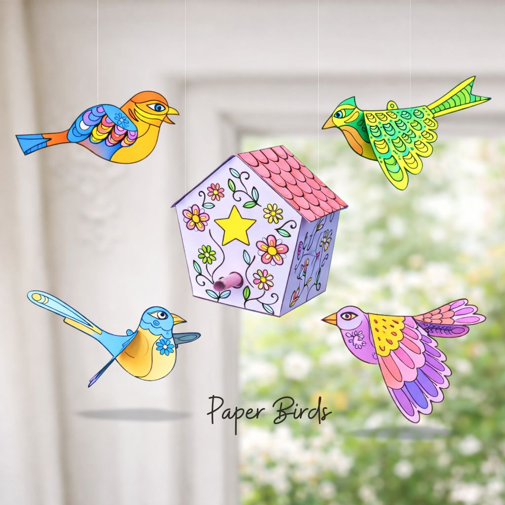 Printable paper birds and a birdhouse craft for a rainy day