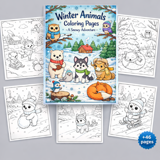 Winter Animals Coloring Pages – Digital Download PDF, PNG & JPG 46+ Pages for Kids