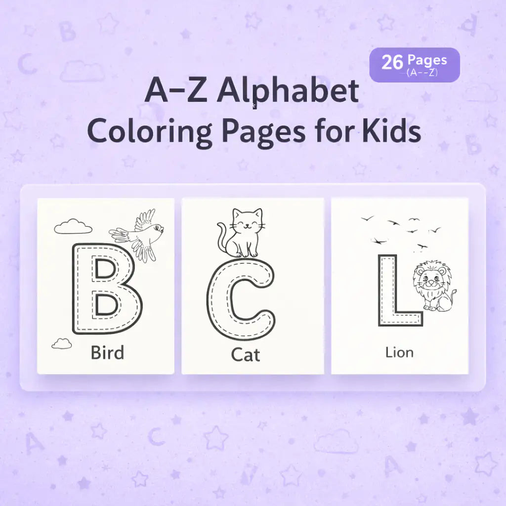 A to Z Alphabet Coloring Pages for Kids – Printable Letter Tracing Worksheets PDF, PNG, JPG