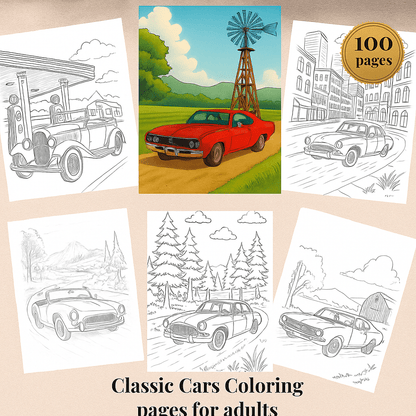 Classic Cars Coloring Pages for Adults: 100 Pages (PDF, JPG, PNG - Instant Download)