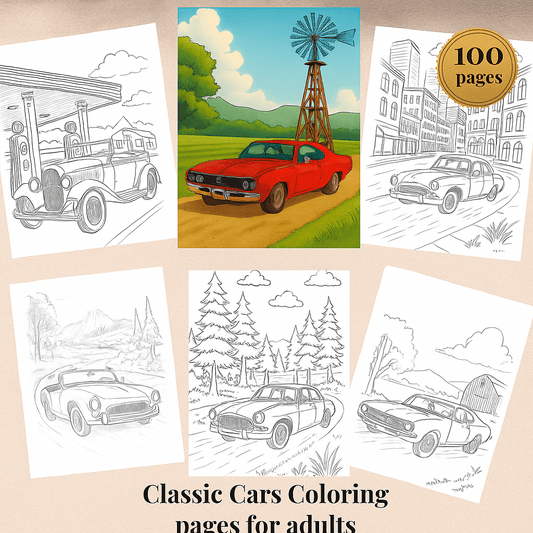 Classic Cars Coloring Pages for Adults: 100 Pages (PDF, JPG, PNG - Instant Download)