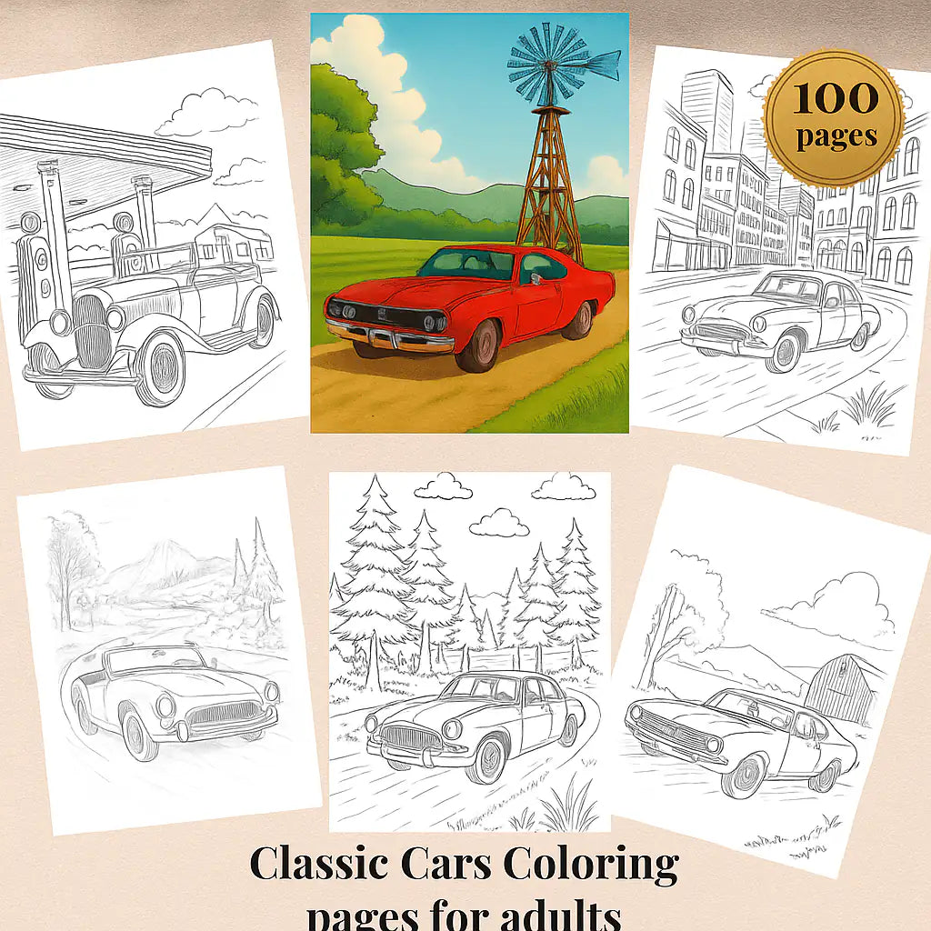 Classic Cars Coloring Pages for Adults: 100 Pages PDF, JPG, PNG - Instant Download