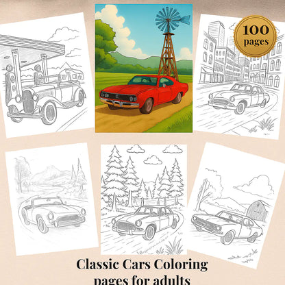 Classic Cars Coloring Pages for Adults: 100 Pages PDF, JPG, PNG - Instant Download
