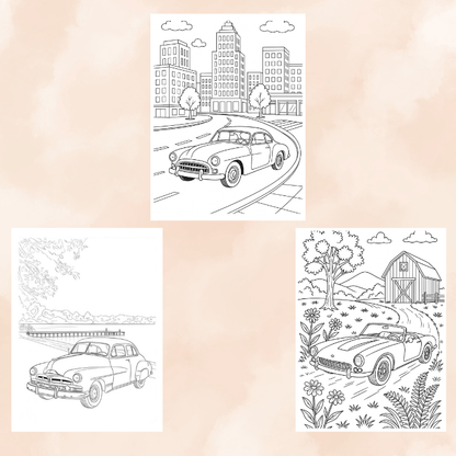 Classic Cars Coloring Pages for Adults: 100 Pages (PDF, JPG, PNG - Instant Download)