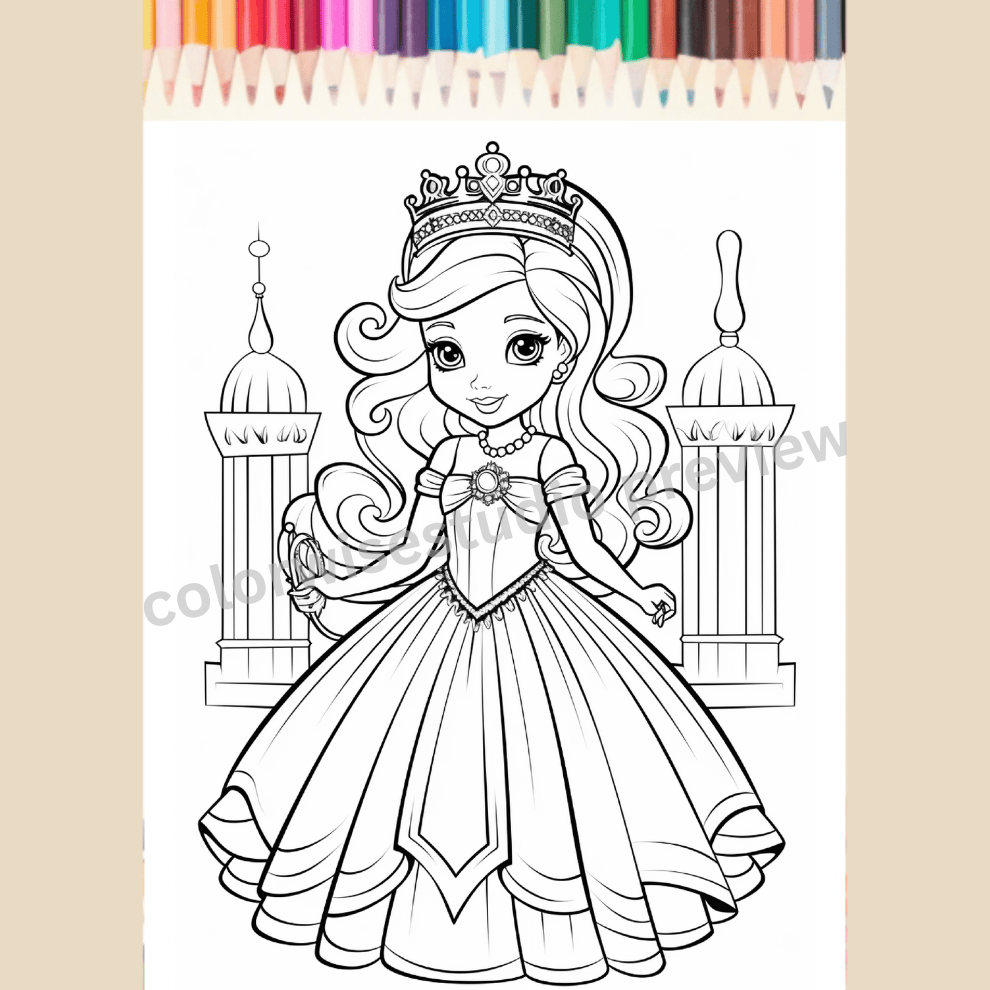 Cute Princess Coloring Pages for Kids | Printable Princess Coloring Book for Girls | Digital Download PDF PNG JPG