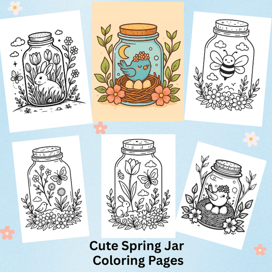 Cute Spring Jar Coloring Pages - Digital Download