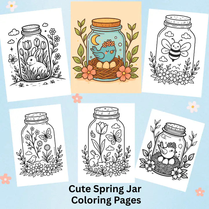 Cute Spring Jar Coloring Pages - Digital Download