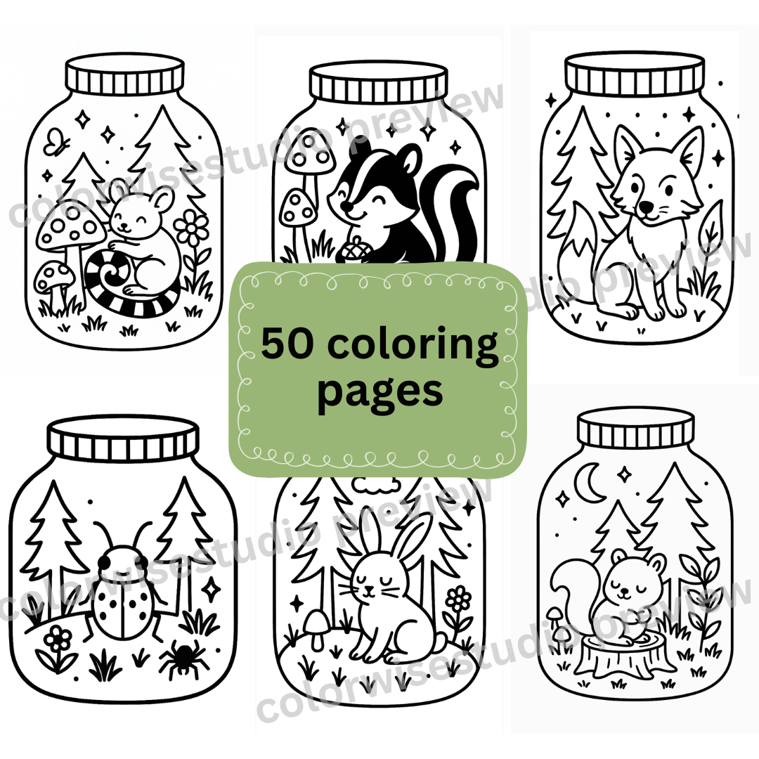 50 Cute Forest Jar Coloring Pages | Kawaii Printable Digital Download (50 Adorable Designs)