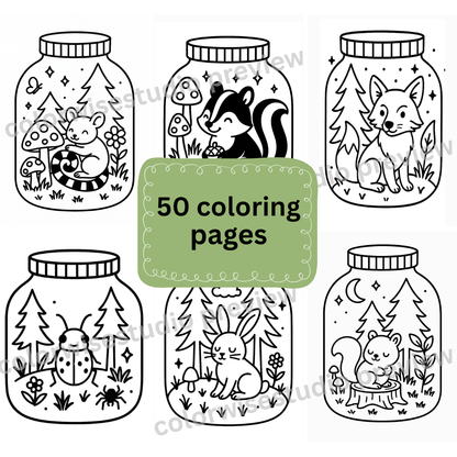 50 Cute Forest Jar Coloring Pages | Kawaii Printable Digital Download (50 Adorable Designs)