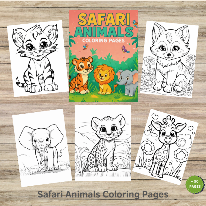 Safari Animals Coloring Pages for Kids Printable PDF + PNG