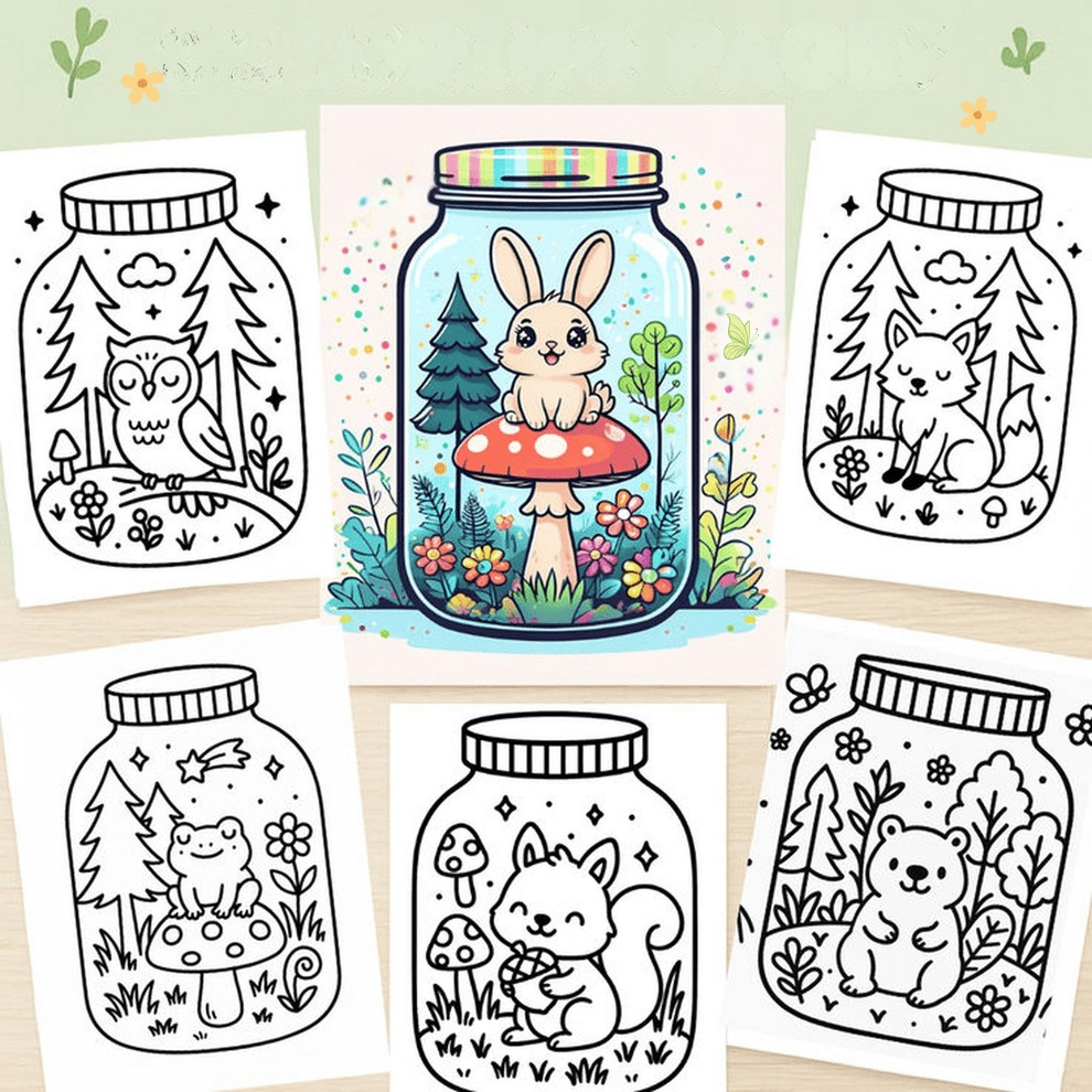 50 Cute Forest Jar Coloring Pages | Kawaii Printable Digital Download (50 Adorable Designs)