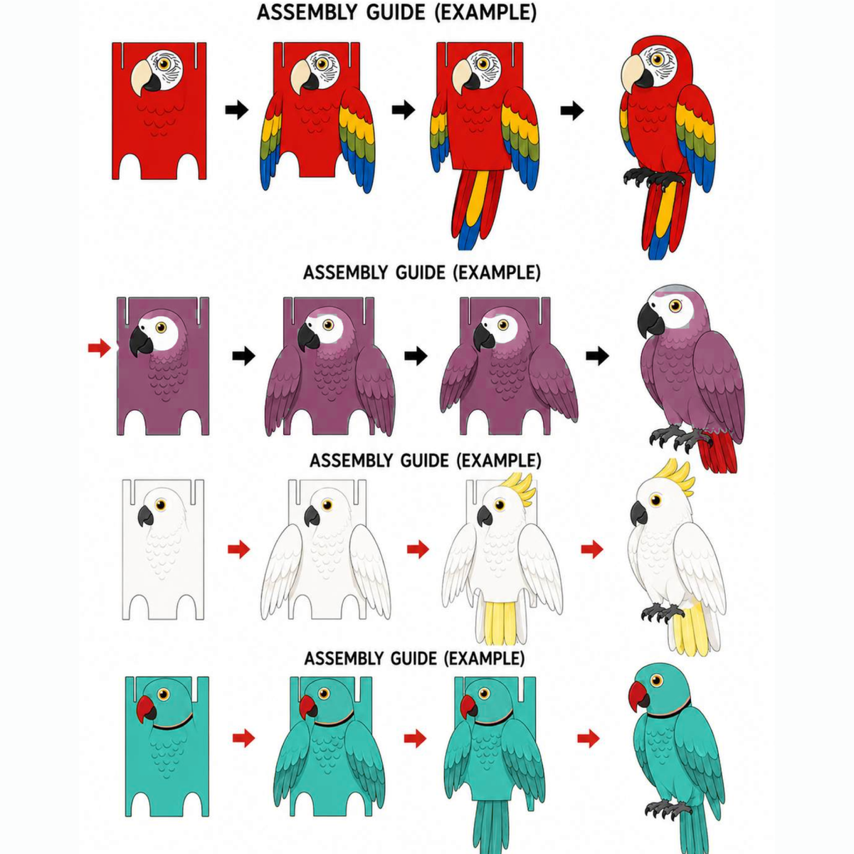Visual assembly guide for four printable bird finger puppets