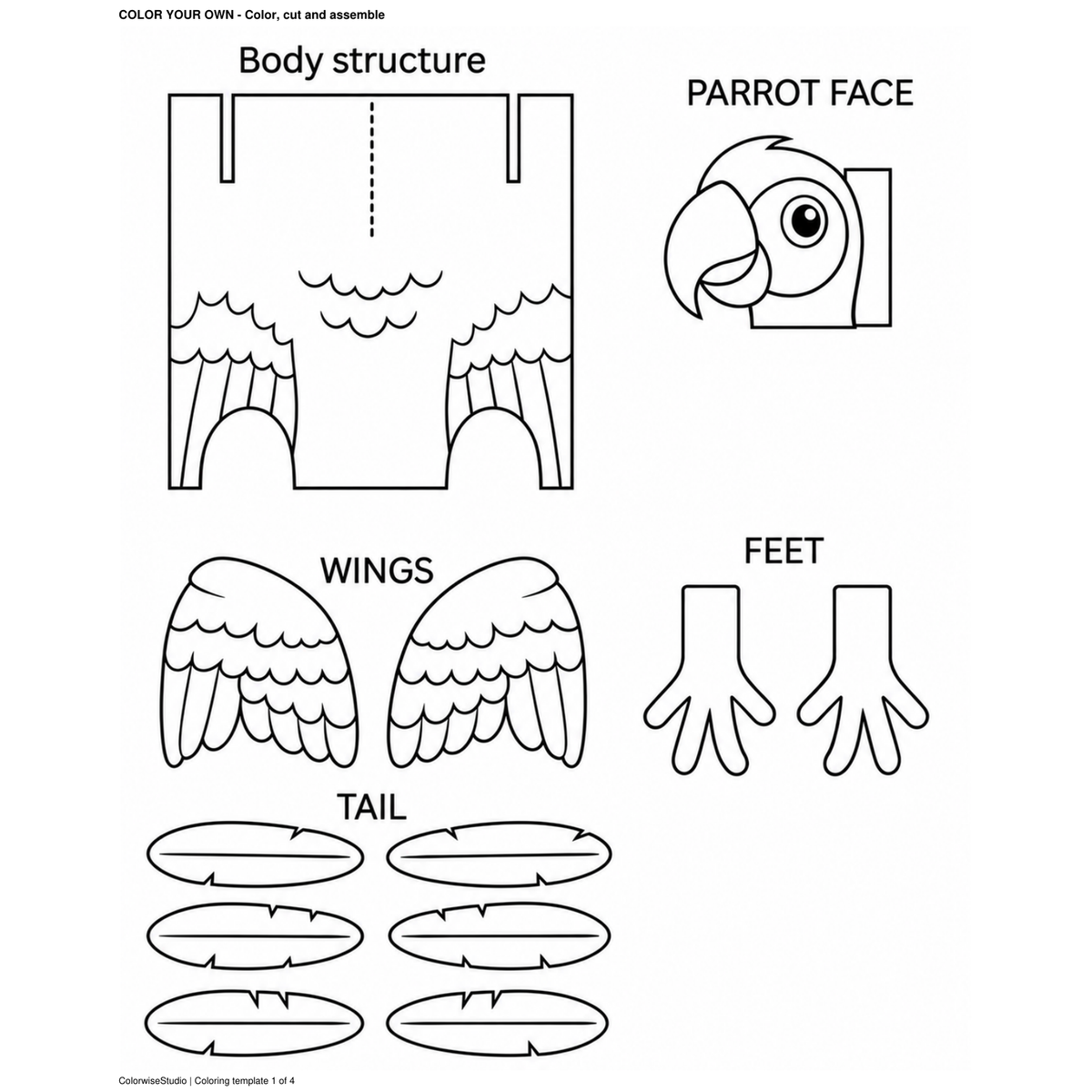 Black-and-white parrot finger puppet template for coloring