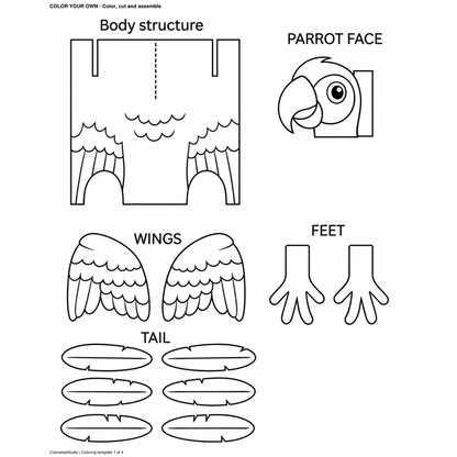Black-and-white parrot finger puppet template for coloring