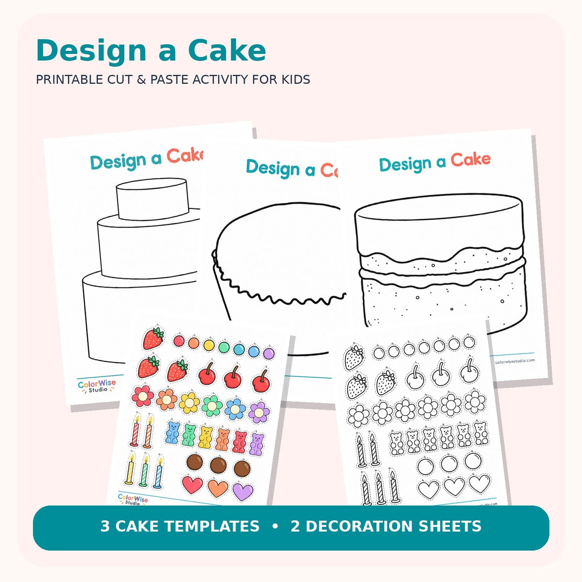 Actual printable cake activity five page PDF preview