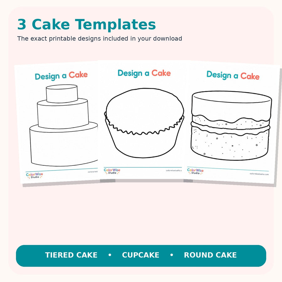 Three actual cake templates from the printable PDF