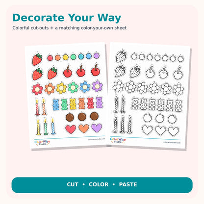 Matching colored and black and white cut-out decoration sheets from actual PDF