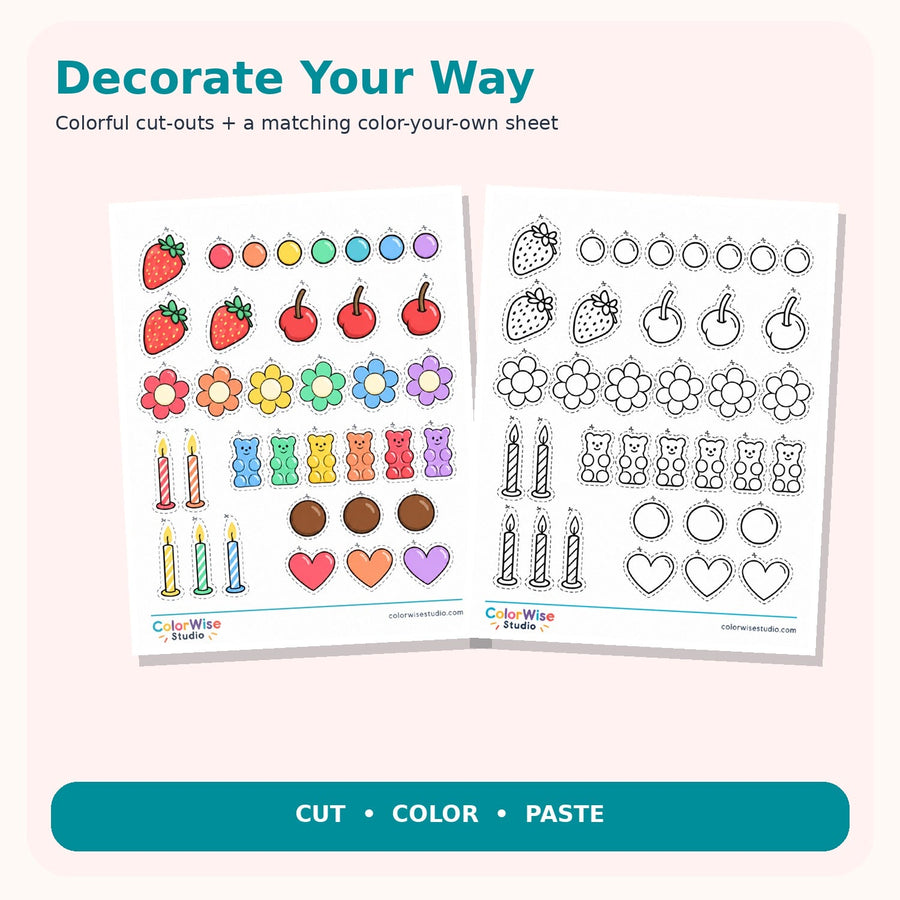 Matching colored and black and white cut-out decoration sheets from actual PDF