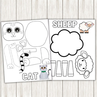 Cut & Paste Animals Worksheets for Kids – 16 Printable Pages Instant Download