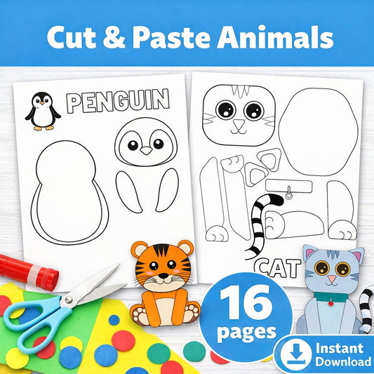 Cut & Paste Animals Worksheets for Kids – 16 Printable Pages Instant Download