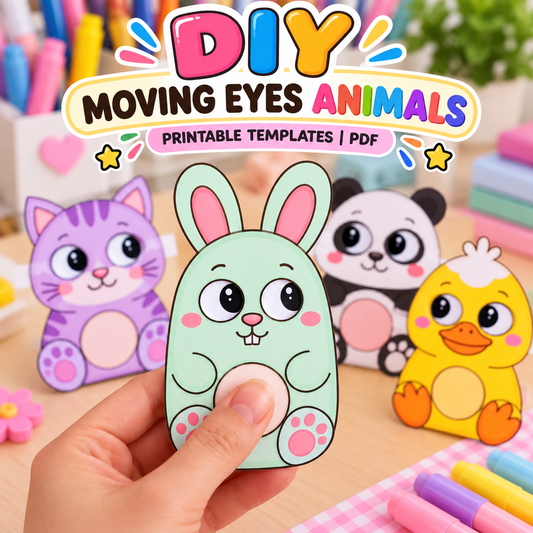 Moving Eyes Animals printable paper craft for kids - bunny, cat, panda and duck