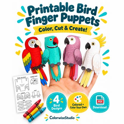Four colored paper bird finger puppets with a color-your-own template preview