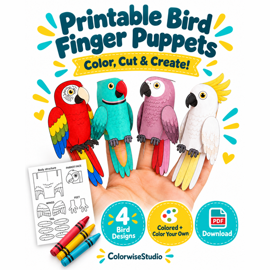 Four colored paper bird finger puppets with a color-your-own template preview