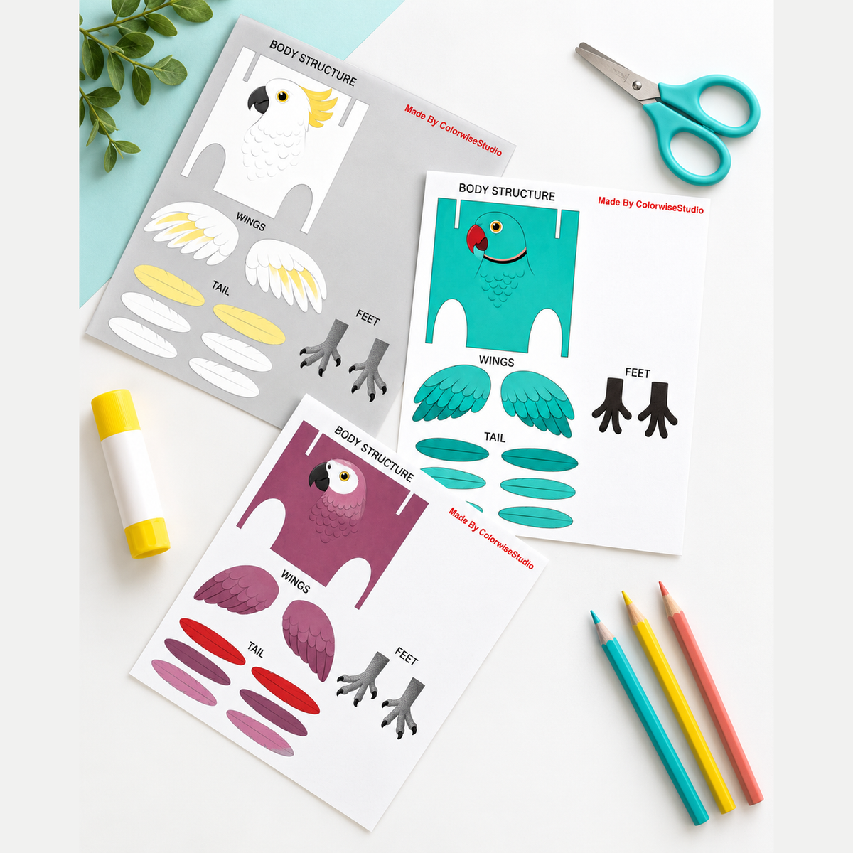 Printable bird puppet templates with turquoise scissors, glue stick, and coloring pencils.