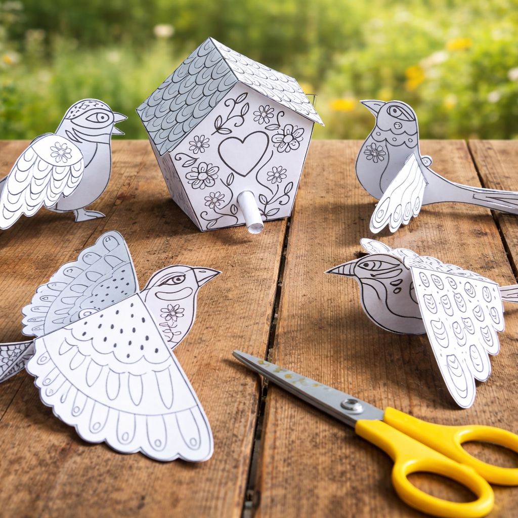 Printable Paper Birds & Birdhouse Craft for Kids – Color, Cut & Build DIY Activity Digital Download