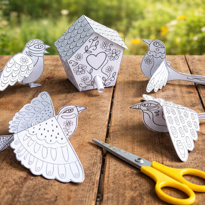 Printable Paper Birds & Birdhouse Craft for Kids – Color, Cut & Build DIY Activity Digital Download