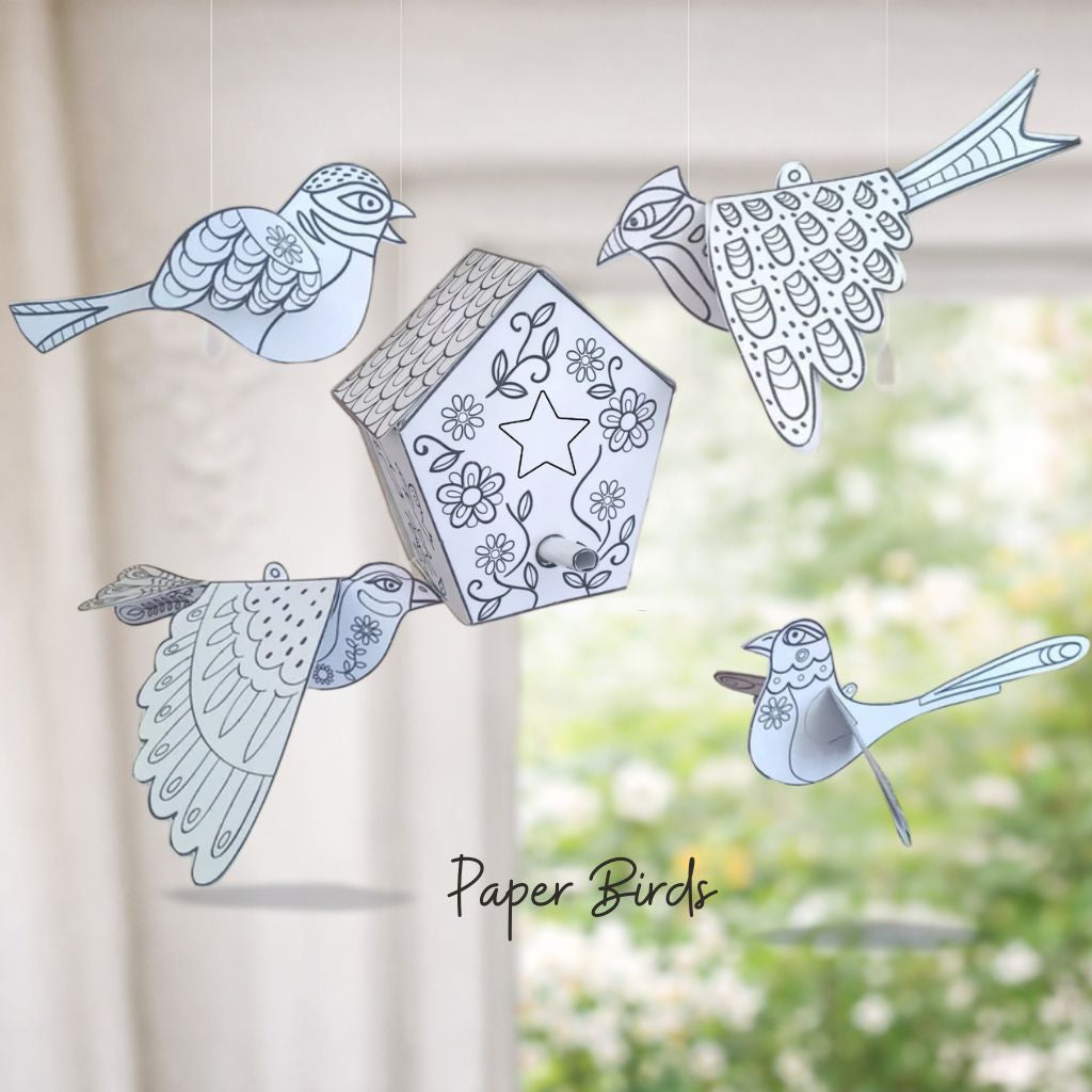 Printable Paper Birds & Birdhouse Craft for Kids – Color, Cut & Build DIY Activity Digital Download