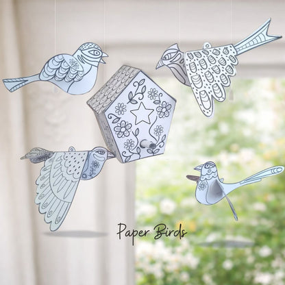 Printable Paper Birds & Birdhouse Craft for Kids – Color, Cut & Build DIY Activity Digital Download