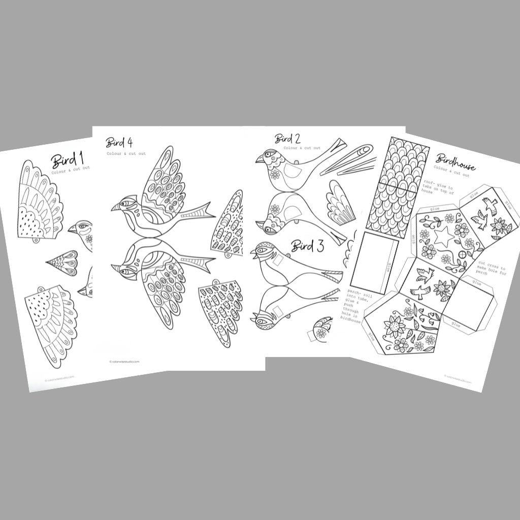 Printable Paper Birds & Birdhouse Craft for Kids – Color, Cut & Build DIY Activity Digital Download