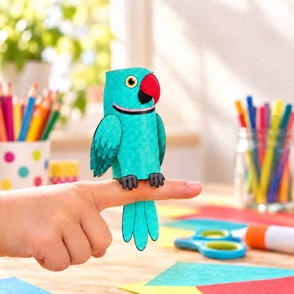Turquoise paper bird finger puppet perched on a horizontal finger, with craft supplies in the background.